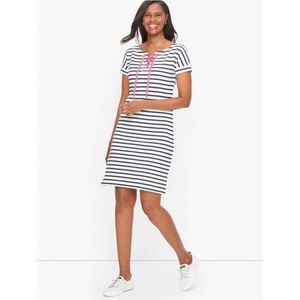 T By Talbots Cotton Terry Dress Blue White Nautical Stripe Cotton Lace Up Small